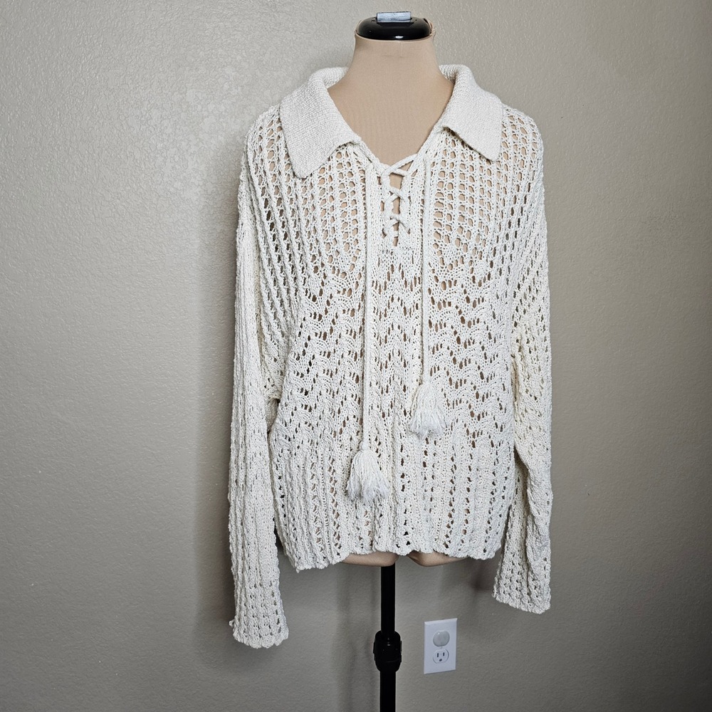 American Eagle Cream Crochet Knit Lace Up Tassel Polo Sweater Medium Ivory Boho - Picture 2 of 10